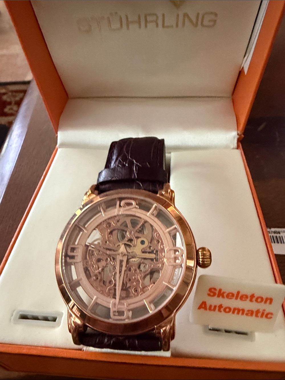 Stuhrling Original Rose Gold Skeleton Watch with Dark Brown Strap